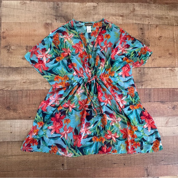 Tommy Bahama Floral Print Kaftan Dress Cover Up Small/Medium Blue Orange - Picture 1 of 6